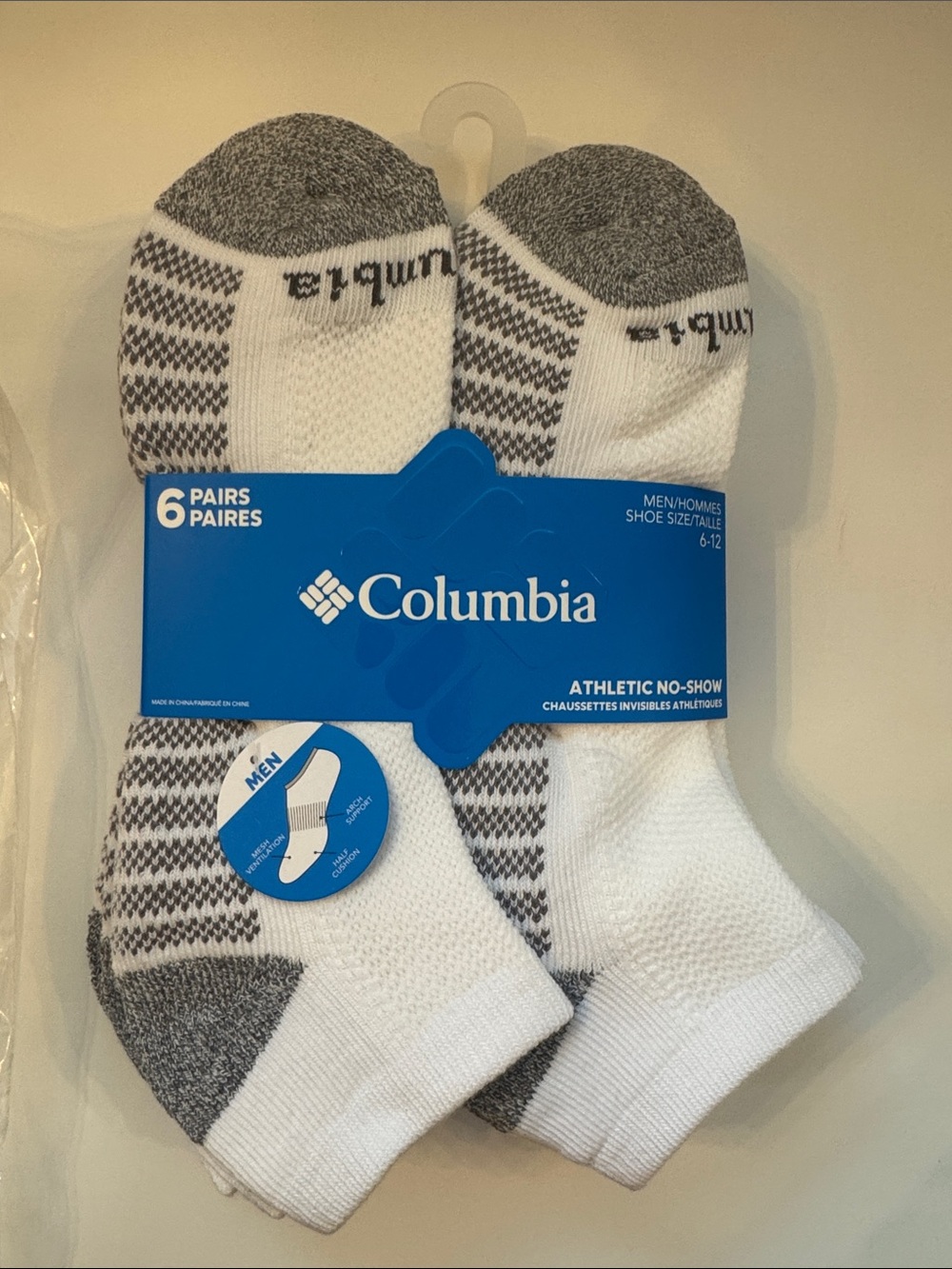 Columbia Men's Sz 6-12 Athletic No-Show Socks - White & Gray (6 Pairs)